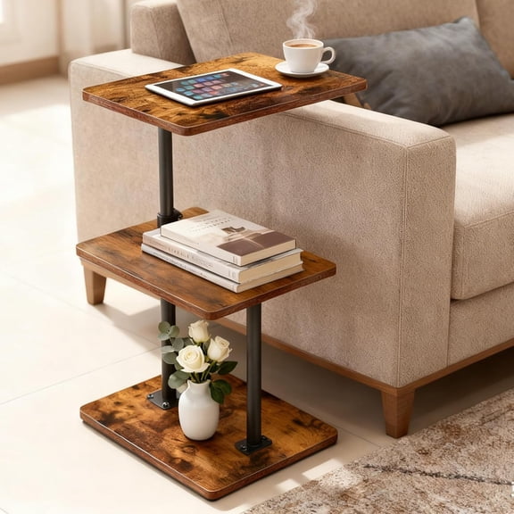 Swivel Side Table Adjustable Height, 3-Tier End Table with 360°Rotatable Tray, Space Saving Nightstand with Storage Shelf for Small Spaces, Living Room, Bedroom
