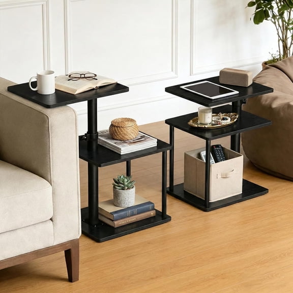 Swivel Side Table for Couch Arm, Adjustable C End Table for Recliner or Bed, Tv Trays with Storage Shelf for Small Spaces Small Nightstand Table for Living Room, Bedroom，2pc