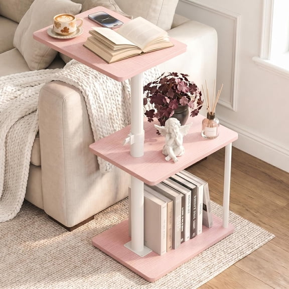 Swivel Side Table for Couch Arm, Adjustable C End Table for Recliner or Bed, Tv Trays with Storage Shelf for Small Spaces Small Nightstand Table for Living Room, Bedroom,Pink