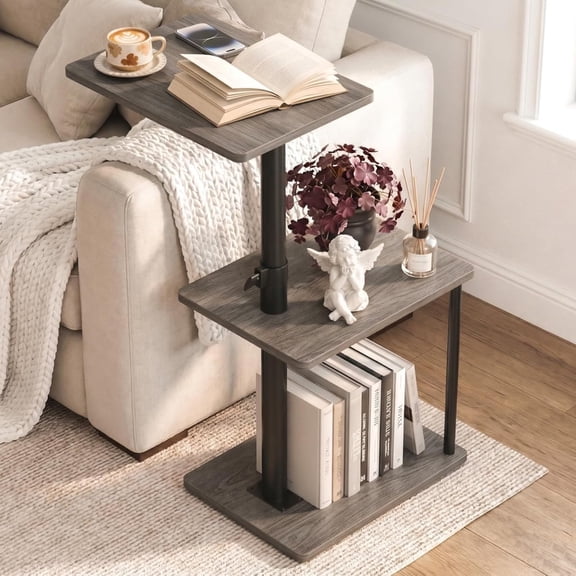 Swivel Side Table for Couch Arm, Height Adjustable C Table for Recliner or Bed, Tv Trays with Storage Shelf for Small Spaces- Small Nightstand Table for Living Room, Bedroom