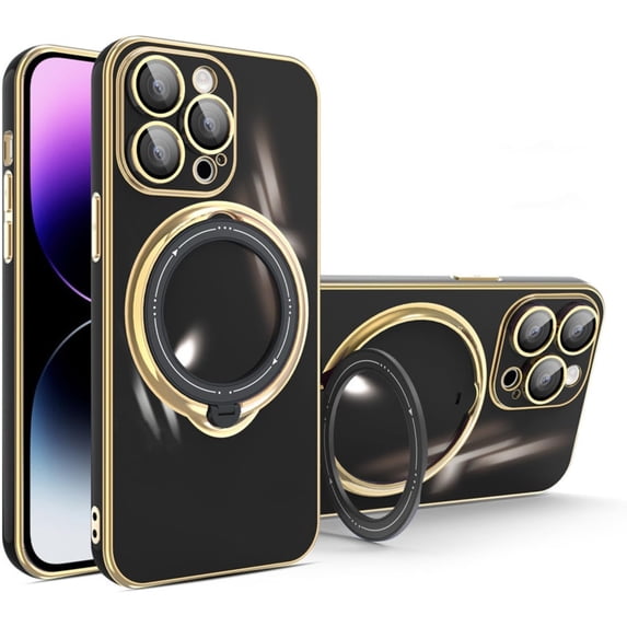 Swivel Stand Solid Color Phone Case for iPhone 14 15 / Pro/Plus/Pro Max, Compatible with Magsafe, Back Cover with Lens Film, Magnetic Bracket Shell