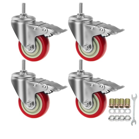 Swivel Stem Casters, Heavy Duty Double-Locking Castors with Red PU Wheels Quiet and No Marking with Metric Thread M10-1.5x25mm Heavy Load Wheels Casters Pack of 4