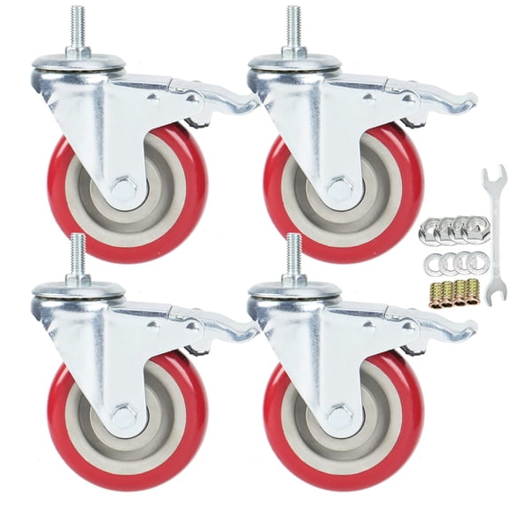 Swivel Stem Casters Heavy Duty Double-locking Castors With Red Pu Wheels Quiet And No Marking Metric Thread M10-1.5x25mm Load Pack Of 4