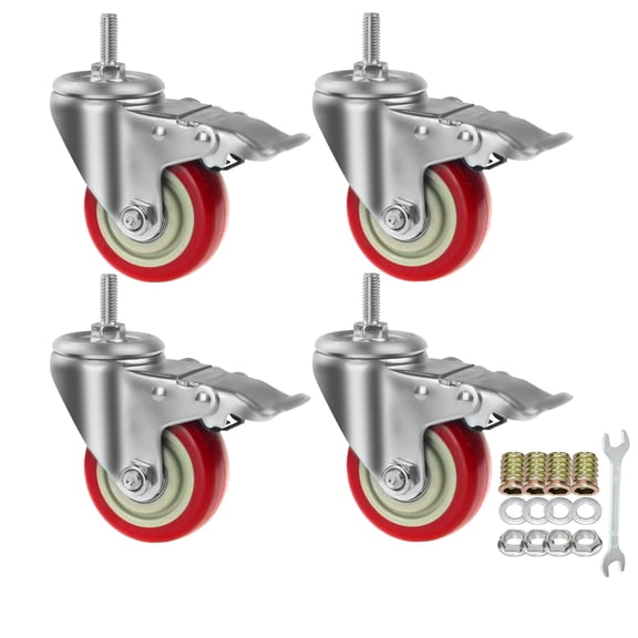 Swivel Stem Casters Heavy Duty Double-locking Castors With Red Pu Wheels Quiet And No Marking Metric Thread M10-1.5x25mm Load Pack Of 4