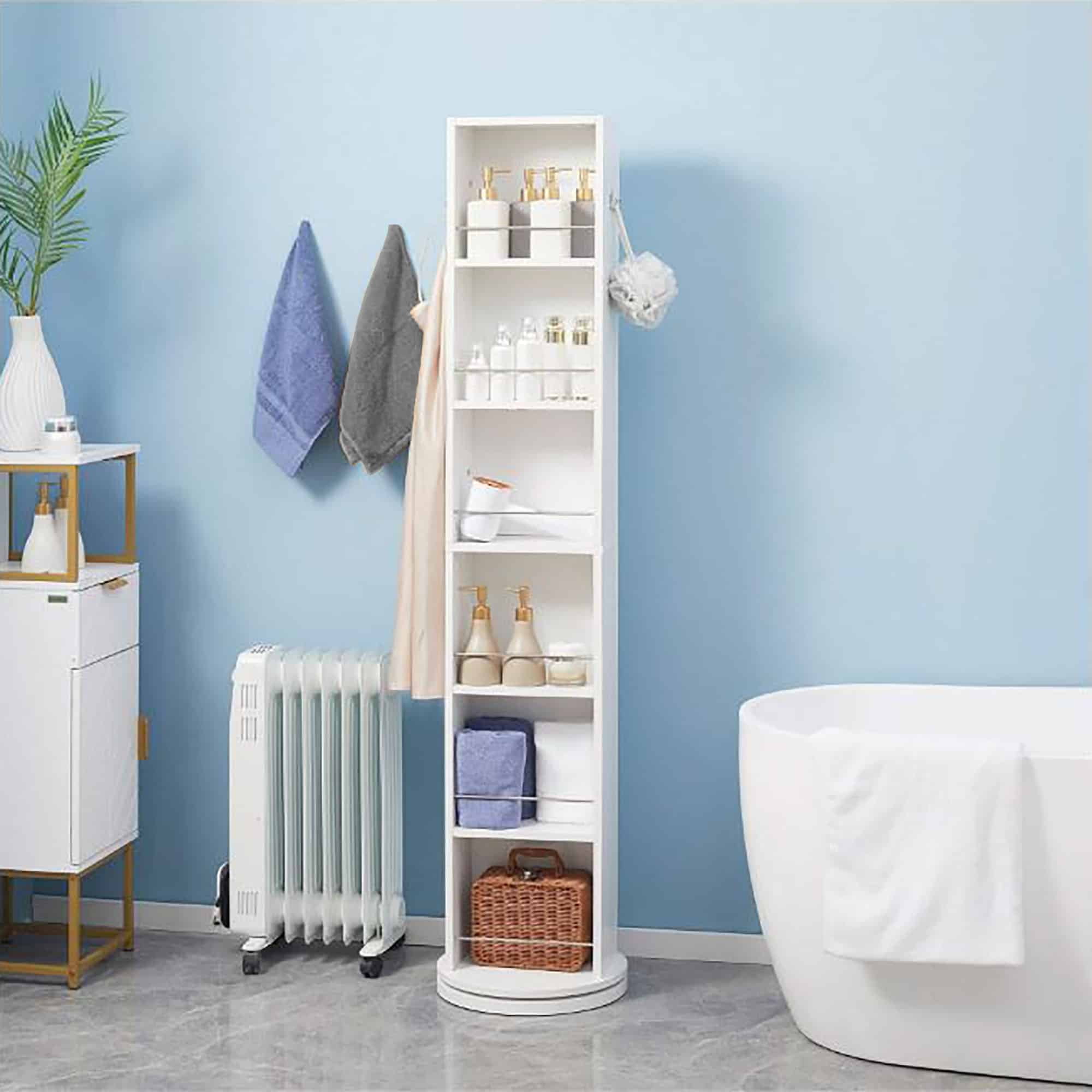 White Rotating Bathroom Storage Cabinet with Full-Length Mirror