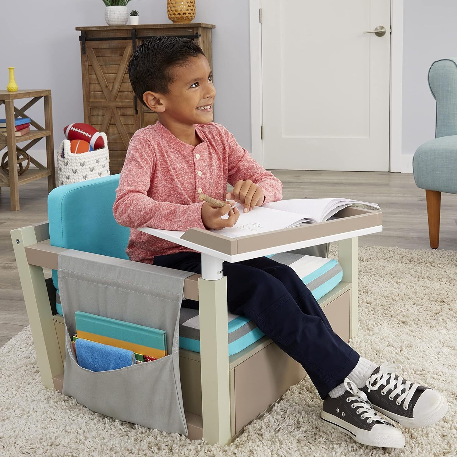Swivel Study Desk & Chair Set - Fabric Cushion, Storage, Modern Design