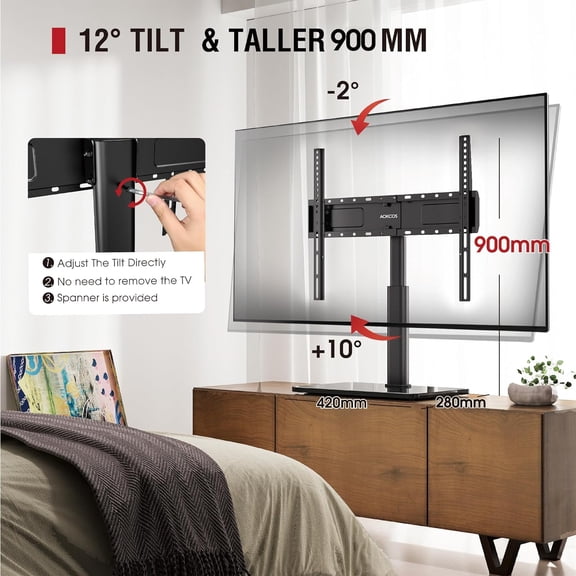 Swivel TV Stand for 32-75 inch TVs with Tilt Down/, 8 Levels Height Adjustable Table Top Mount, Stable Heavy Duty Tempered Glass Base, VESA 600x400 mm, to 99lbs, Black