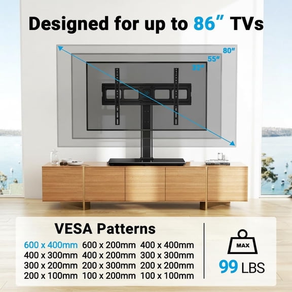 Swivel  TV Stand Mount for 32-86 Inch LCD OLED Flat/Curved Screen TVs  to 99lbs Height Adjustable Table Top Base with Tempered Glass and Wire Management VESA 600x400mm