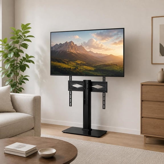 Swivel TV Stand, for 32-55 Inch TVs, Universal Height-Adjustable Floor Mount, Tempered Glass Base