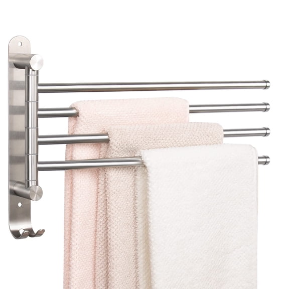 Swivel Towel Rack, 13.8" Thicken 304 Stainless Steel 4-Arm Towel Bar, Space Saving Wall Mounted Towel Holder with Hook, Rustproof Swing Out Towel Hanger for Bathroom, Square (Brushed Nickel)