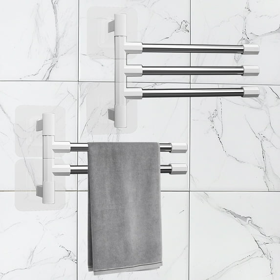 Swivel Towel Rack for Bathroom, No-Drill 180° Rotating Stainless Steel & Plastic Towel Bar with Integral Hooks, White, 12.4" x 4.6", Slip-Proof, Easy Install, Storage Shelf Organizer