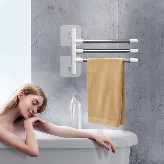 Swivel Towel Rack No Hole Adhesive Mount, 180° Rotating Stainless Steel Bathroom Shelf with Hooks, White Towel Bar for Kitchen, Apartment, Dorm Room Storage, 12.4x3.93 Inch