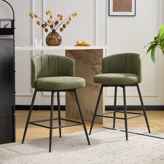 Swivel Upholstered Faux Leather Counter Stool with Metal Frame, Set of 2