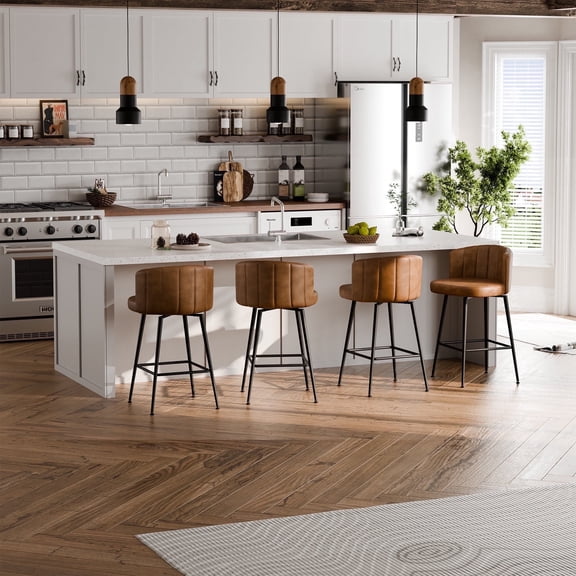 Swivel Upholstered Faux Leather Counter Stool with Metal Frame, Set of 4