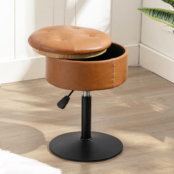 Swivel Vanity Stool with Adjustable Height and Hidden Storage, Whiskey Brown Faux Leather Seat, Chrome Metal Base, Round