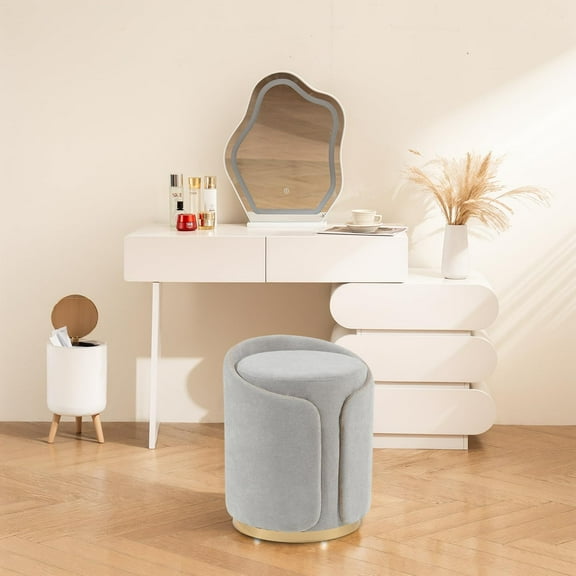 Swivel Vanity Stool with Gold Base Comfy Vanity Chair Modern Round Stool for Makeup Vanity Ottoman Foot Rest for Bedroom livingroom (Light Gray)