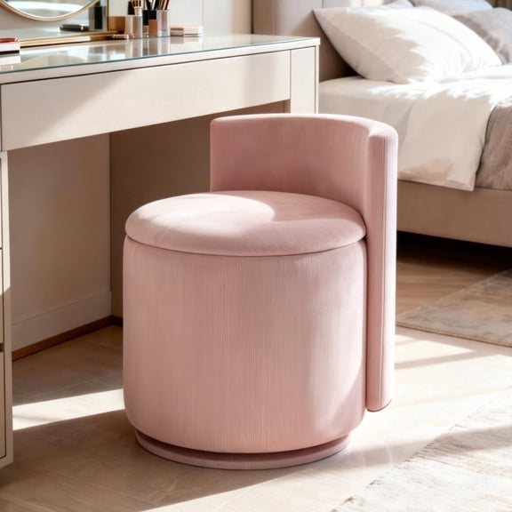 CoVibrant Swivel Vanity Stool with Storage, Round Vanity Chair with Curved Back, Upholstered Ottoman for Bedroom, Living Room, Makeup Room