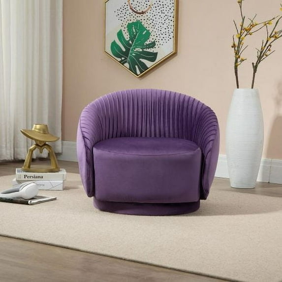 Swivel Velvet Accent Tub Barrel Chair Leisure Armchair Lounge Chair Embossing Fleece Upholstered Mid Century Modern Chair Padded Seat Club Chair Single Sofa for Living Reading Room Bedroom, Purple