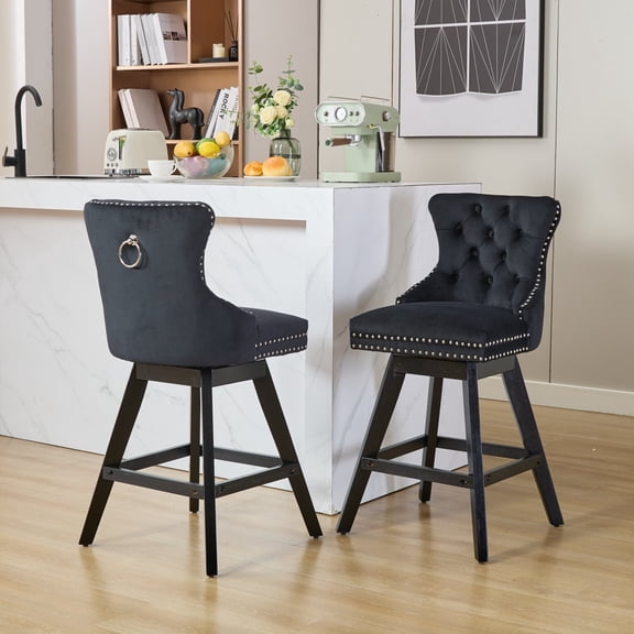 Swivel Velvet Bar Stools with Button Tufted Backrest and Chrome Nailhead Trim, Wooden Legs Comfortable Counter Height Chairs Set of 2 for Kitchen Island or Dining Room
