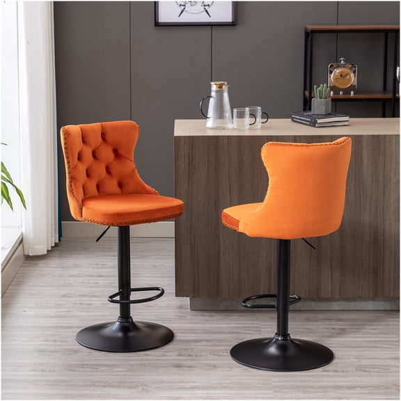 Swivel Velvet Bar Stools with Backs, Set of 2, Height Adjustable Kitchen Island Seating for Home Pub, Orange Upholstered Stools
