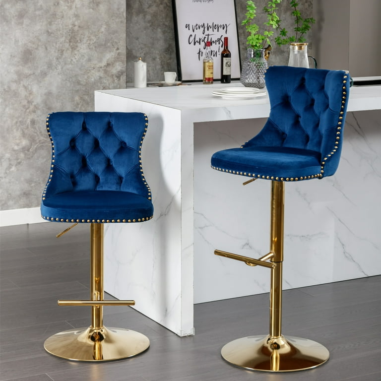 Swivel Velvet Bar stools Set of 2 Modern Adjustable Counter Height Bar Stool with Nailheads Trim Golden Footrest Button Tufted Upholstered Bar Stools for Home Pub and Kitchen Island Blue Walmart