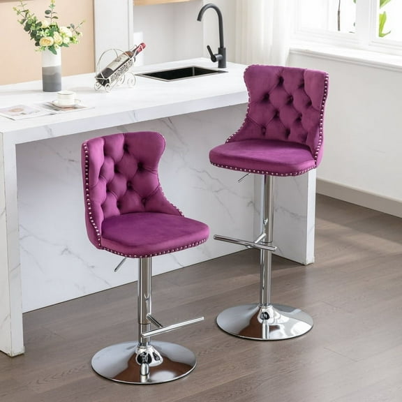 Swivel Velvet Barstools Adjusatble Seat Height from 25-33 Inch, Chrome base Bar Stools with Backs Comfortable Tufted for Home Pub and Kitchen Island, Purple,Set of 2