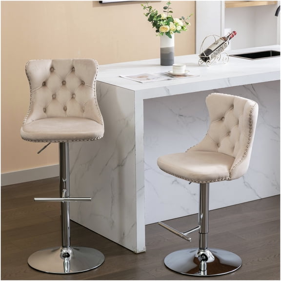 Beige Velvet Bar Stools Set of 2 - Adjustable Height 25-33" Kitchen Island Stools, Swivel, Chrome Base, Tufted Backs, Modern Design for Home Pub