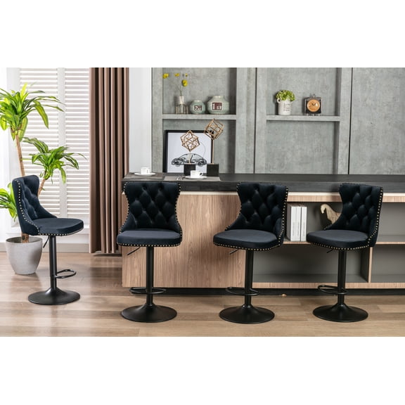 Swivel Velvet Barstools with Back Adjustable Seat Height from 25-33 Inch Tufted Counter Height Bar Chairs for Kitchen Island Dining Pub(Black,Set of 4)