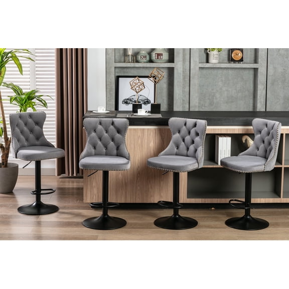 Swivel Velvet Barstools with Back Adjustable Seat Height from 25-33 Inch Tufted Counter Height Bar Chairs for Kitchen Island Dining Pub(Gray,Set of 4)