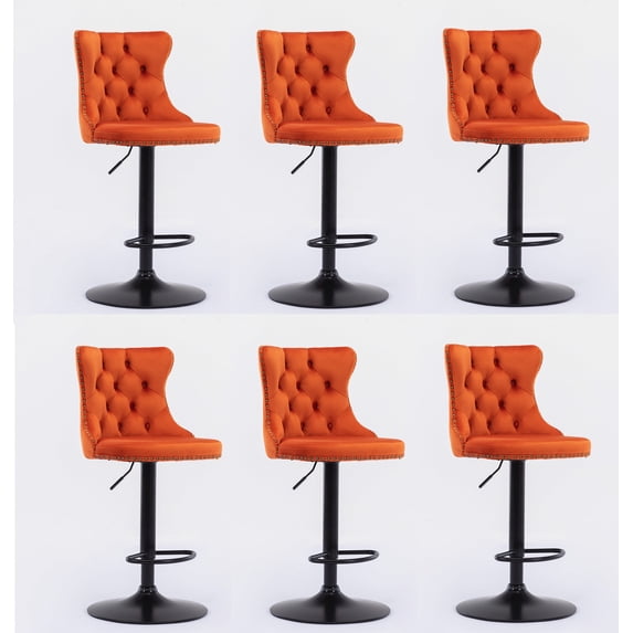 Swivel Velvet Barstools with Back Adjustable Seat Height from 25-33 Inch Tufted Counter Height Bar Chairs for Kitchen Island Dining Pub(Orange,Set of 6)
