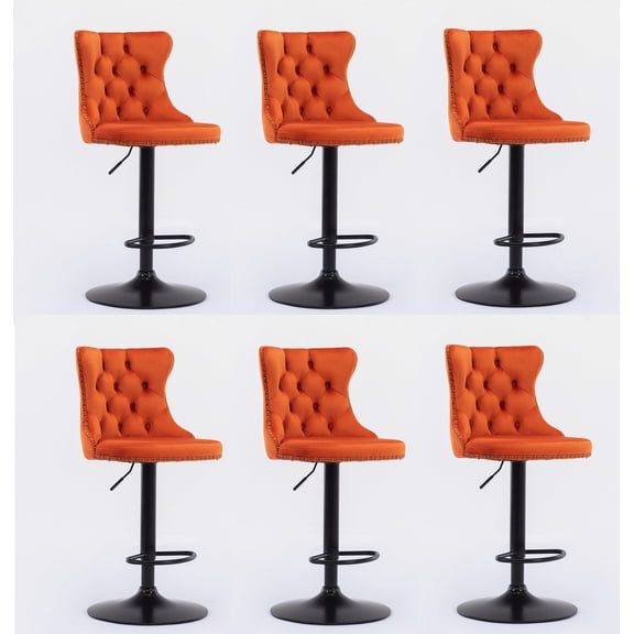 Swivel Velvet Barstools with Back Adjustable Seat Height from 25-33 Inch Tufted Counter Height Bar Chairs for Kitchen Island Dining Pub(Orange,Set of 6)