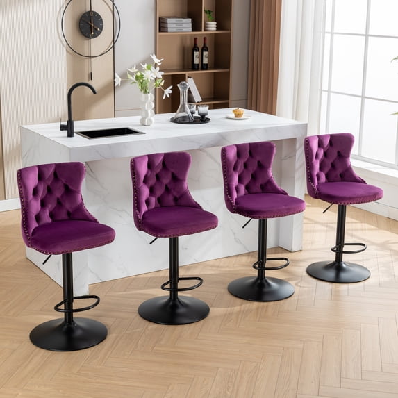 Swivel Velvet Barstools with Back Adjustable Seat Height from 25-33 Inch Tufted Counter Height Bar Chairs for Kitchen Island Dining Pub(Purple,Set of 4)