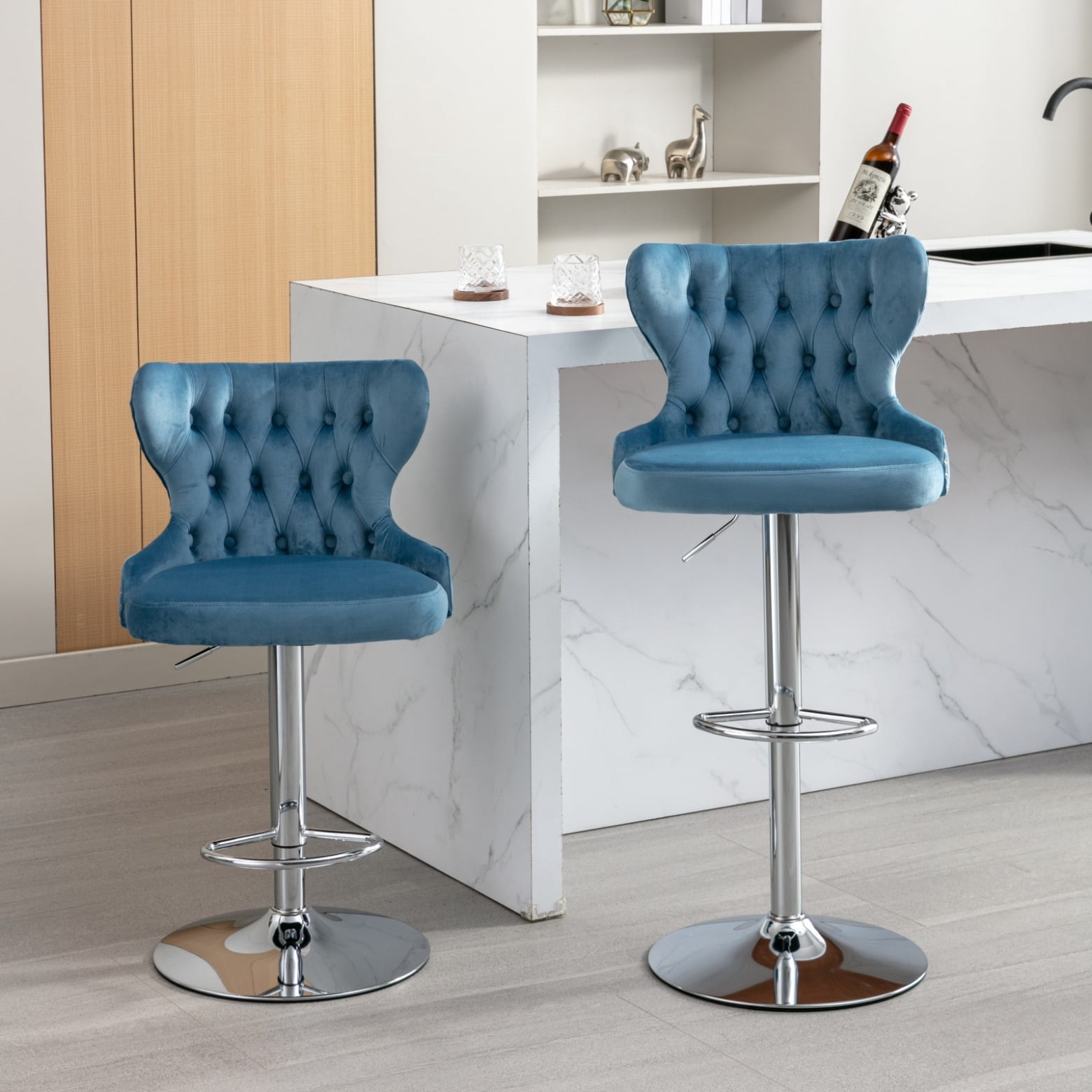A&A Furniture,Thick Golden Swivel Velvet Barstools Adjusatble Seat Height from 27-35 Inch, Modern Upholstered Bar Stools with Backs Comfortable Tufted for Home Pub and Kitchen Island (Beige,Set of 2)