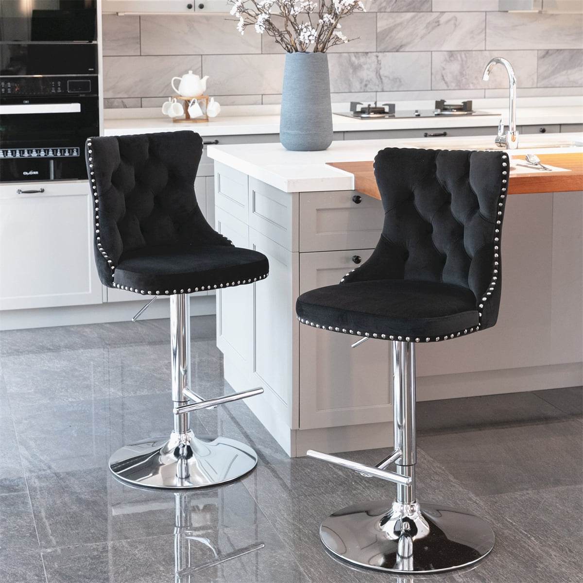 Swivel Velvet Barstools Set of 2, Upholstered Bar Stools with Backs Comfortable Tufted