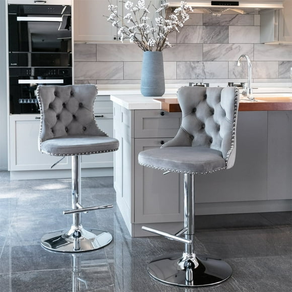 Swivel Velvet Barstools Set of 2, Upholstered Bar Stools with High Backs & Footrest, 25-33'' Height Adjustable Counter Height Bar Chairs Seat for Home Pub Kitchen Island, Sliver Gray