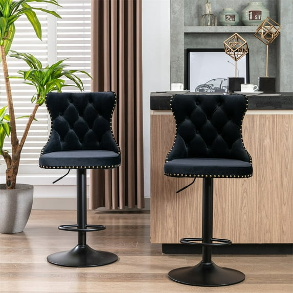 Swivel Velvet Barstools Set of 2, Upholstered Bar Stools with High Backs & Footrest, 25-33'' Height Adjustable Counter Height Bar Chairs Seat for Home Pub Kitchen Island, Black