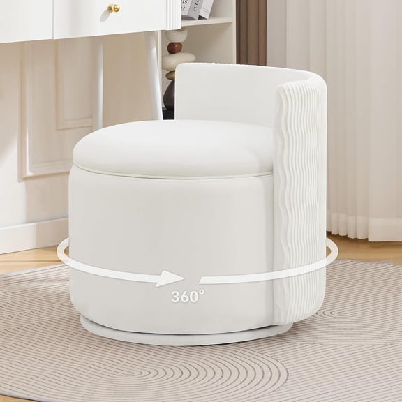 Swivel Velvet Vanity Chair with Wave Back and Storage, No Assembly Required, White Accent Stool for Bedroom or Dressing Room