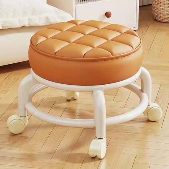 Swivel Wheel Stool, Black Plastic Mobile Seat with Casters for Living Room | Multi-Purpose Gliding Ottoman & Low Profile Shoe Bench, Compact Design Orange