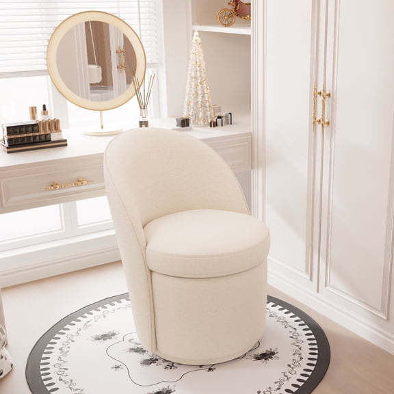 YOUNIKE Swivel Wingback Vanity Stool, Upholstered Accent Stool, Boucle Fabric Make-up Chair, White