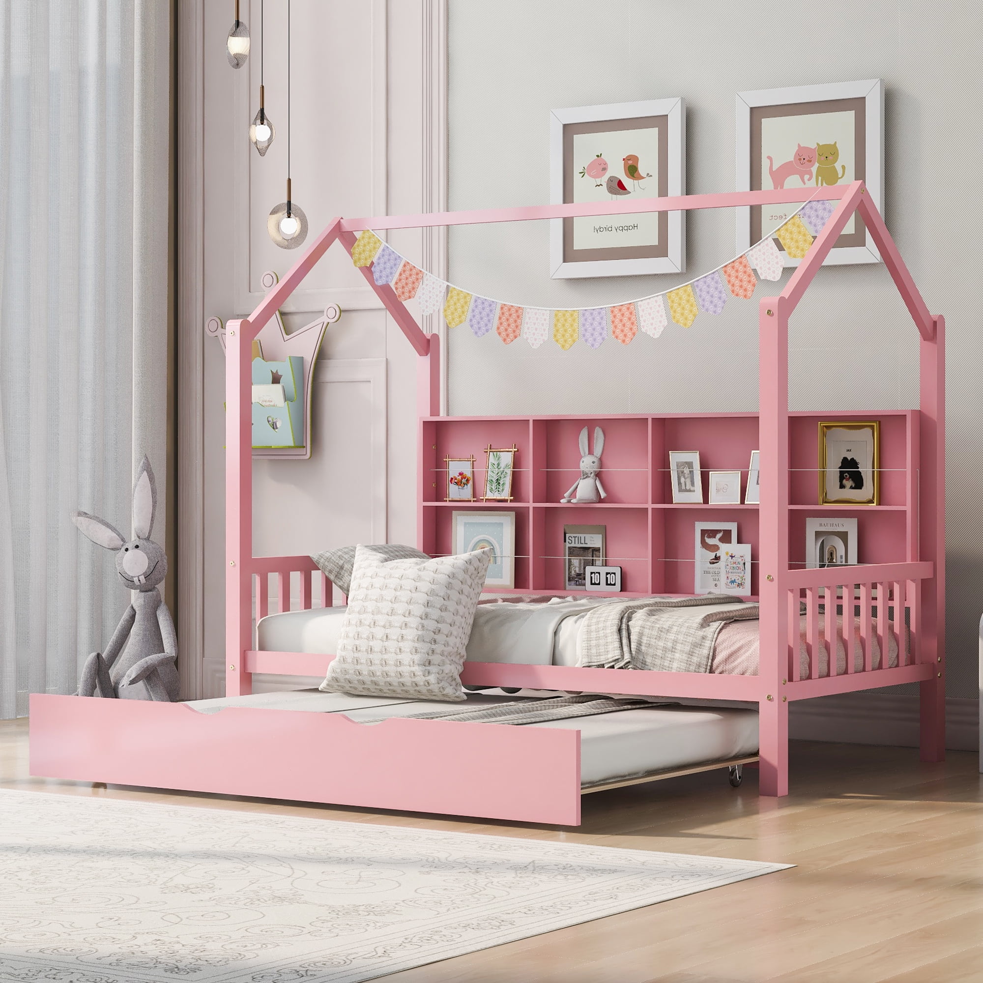 Swivelife Wooden Twin House Bed with Trundle, Storage Furniture, Kids Room, Pink