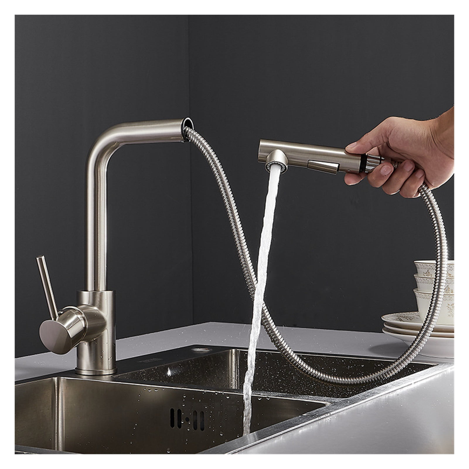 Swiveling Kitchen Faucet Brass Brushed Nickel High Arch Kitchen Sink Faucet Pull Out Rotation Spray Mixer Tap ,360° Swivel Spout