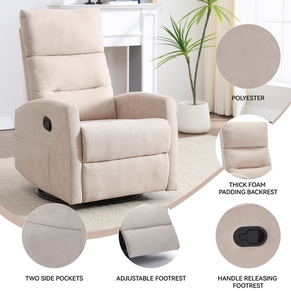 Swiveling Rocking Chair, Manual 360° Swiveling Recliner, Beige Fabric Recliner, Smooth Sliding Mechanism, Comfortable Living Room Recliner