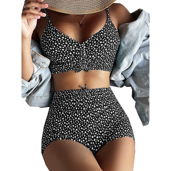 Swmmer Liket Women's Modest Swimsuits Drawstring Cute High Waisted Bikini Sets for Women Bandeau Floral Bikini Bathing Suit Swimwear