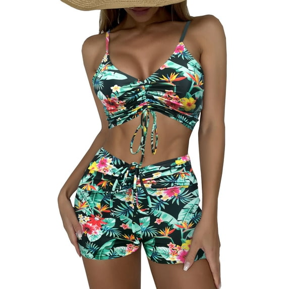 Swmmer Liket Women's Modest Swimsuits Drawstring Cute High Waisted Bikini Sets for Women Bandeau Floral Bikini Bathing Suit Swimwear