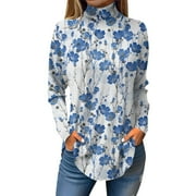 SwoHaoen Plus Size Tops for Women Long Sleeve Mock Neck Oversized T-Shirt Floral Graphic Fashion Tunics Casual Loose Cute Blouses,Blue L