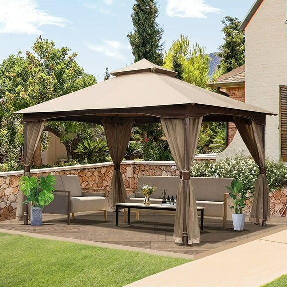 Swonuk 10'x13' Outdoor Gazebo with Mosquito Netting, Metal Frame Double Roof Soft Top Patio Gazebo Canopy Tent for Deck Backyard Garden Lawns