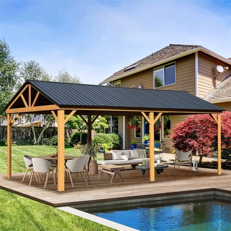 Swonuk 12' x 20' Hardtop Gazebo, Galvanized Steel Gable Roof Gazebo Pergola with Wood Grain Aluminum Frame, Outdoor Permanent Gazebo Pavilion for Patio Garden Lawn Backyard and Deck (Yellow Brown)