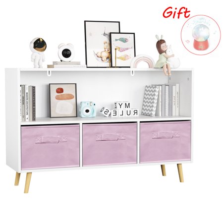 Swonuk 4 Cube Storage Organizer, Bookcase with 3 Fabric Bins, MDF Cabinet for Bedroom Living Room,Pink