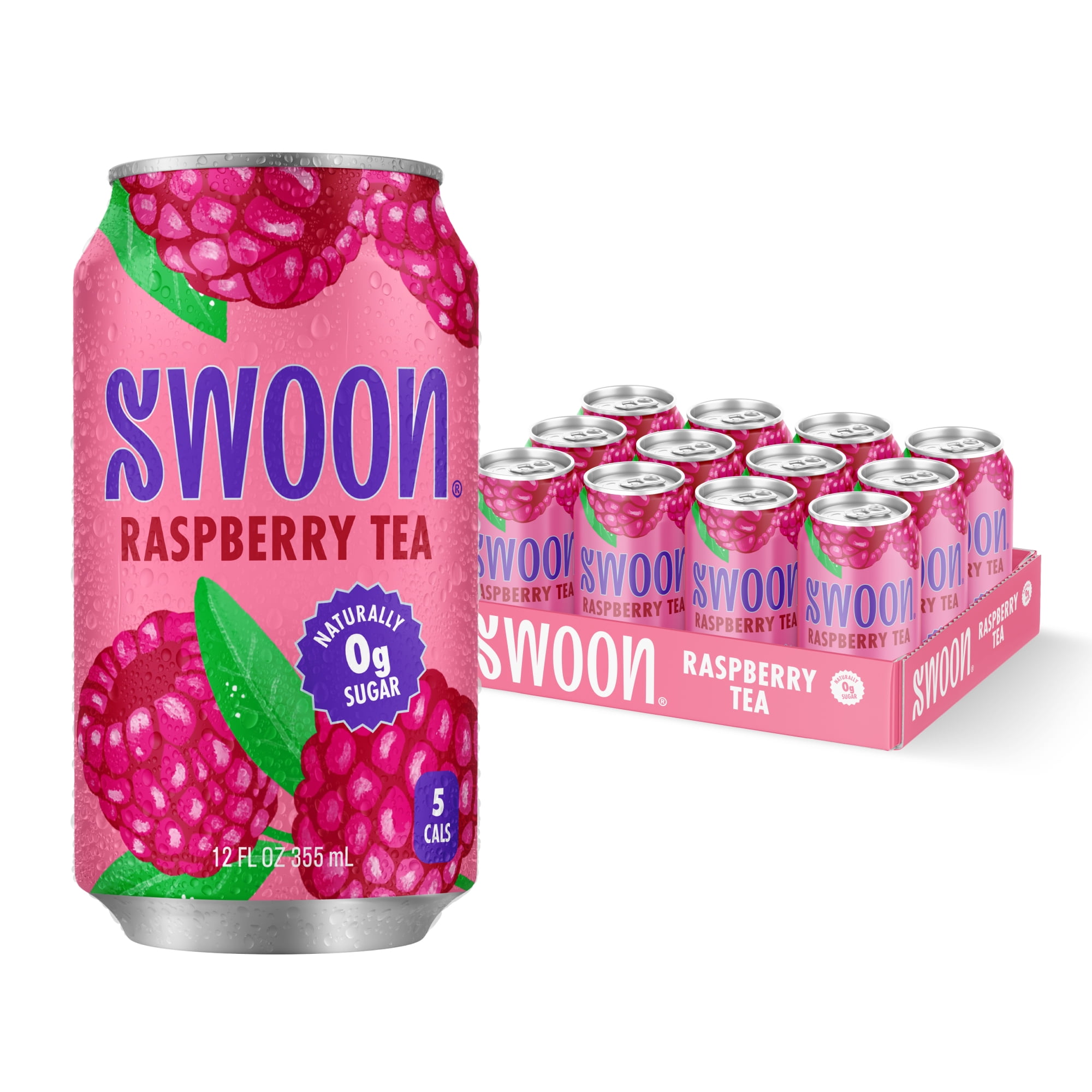 Swoon Zero Sugar Raspberry Iced Tea, 5 Calories, Sugar Free, 12 fl oz Can, 12 Pack