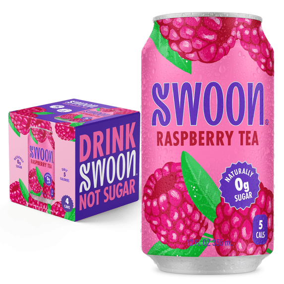 Swoon Zero Sugar Raspberry Iced Tea, 5 Calories, Sugar Free, 12 oz Can, 4 Pack